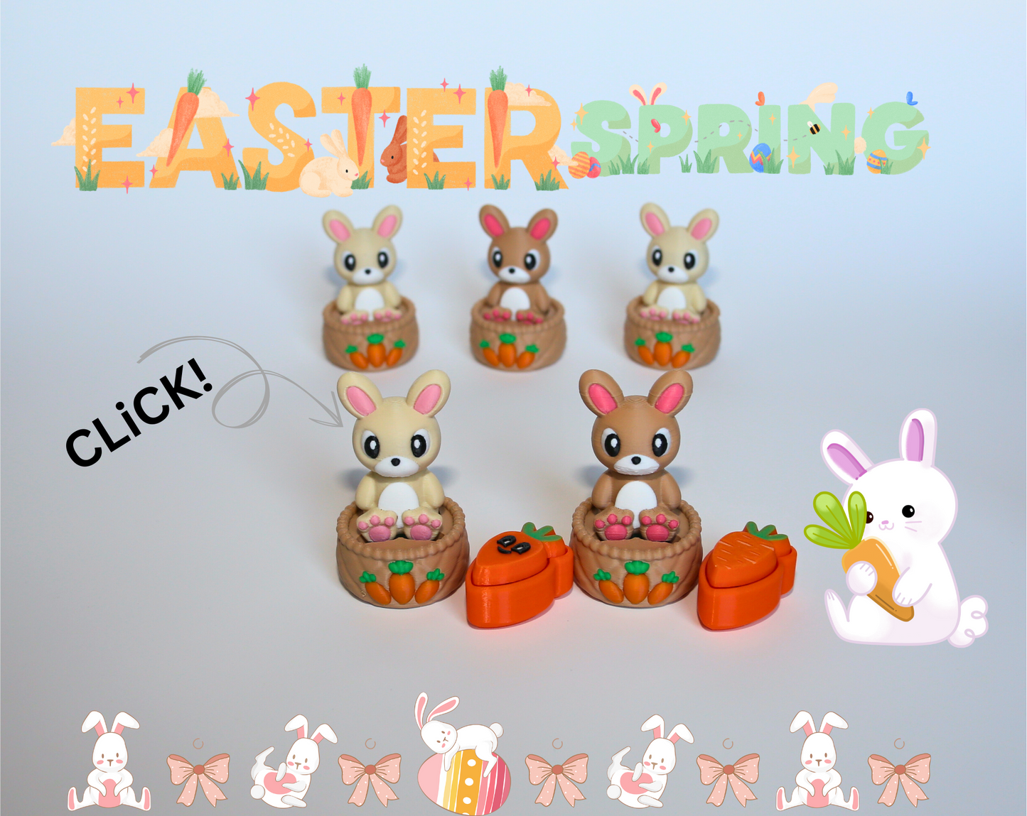 Easter Bunnies and Basket Fidget Mechanical Clicker, 3D Printed Fun Toys